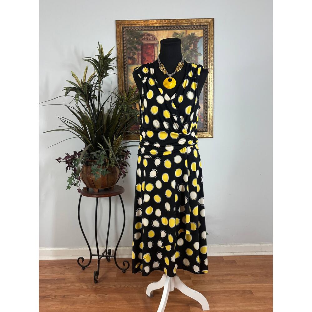 Scarlett Dress Women's Size‎ 12 Black Yellow White Polka Dot Sleeveless Midi
